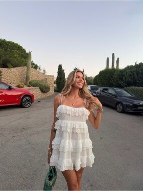 Zara White Ruffled Tie-Shoulder Bohemian Lace Trim Mini Dress